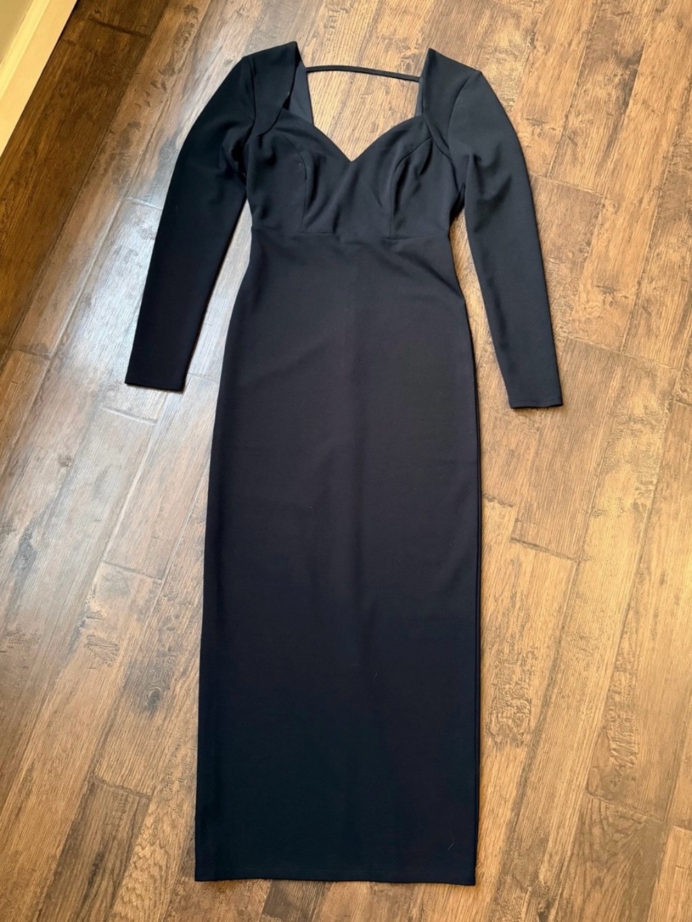 Bebe Black Long Sleeve Midi Dress with sweetheart neckline